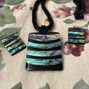 Black and Iridescent Abalone Necklace and Earring Set